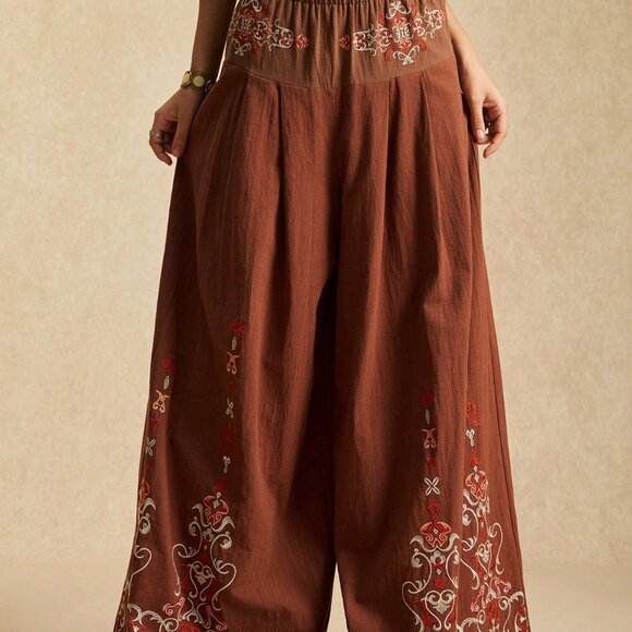 Coffee Brown Women's Patchwork Embroidered Wide Leg Pants - Picture 5 of 10